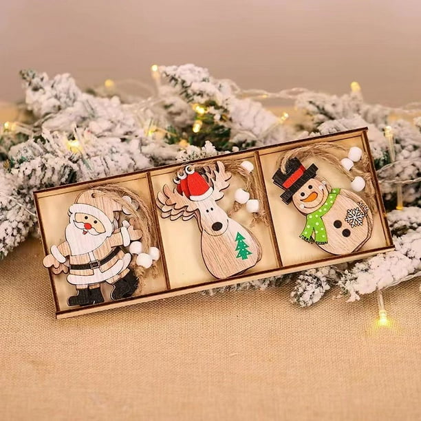 Decoración navideña con dibujos de Papá Noel, colgante combinado de madera para coche, accesorios de decoración para árbol de Navidad