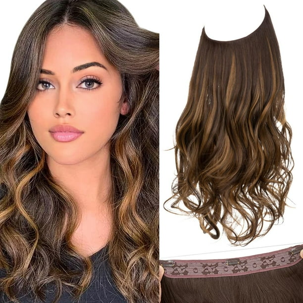 SARLA Extensiones de pelo de alambre invisible con 3 clips sintético ondulado rizado postizo ajustable transparente diadema para mujeres 16 pulgadas marrón oscuro/rubio dorado destacados