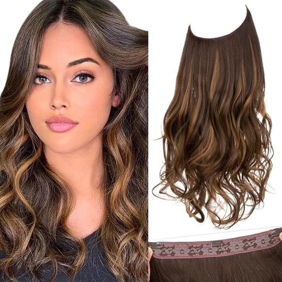 SARLA Extensiones de pelo de alambre invisible con 3 clips sintético ondulado rizado postizo ajustable transparente diadema para mujeres 16 pulgadas marrón oscuro/rubio dorado destacados