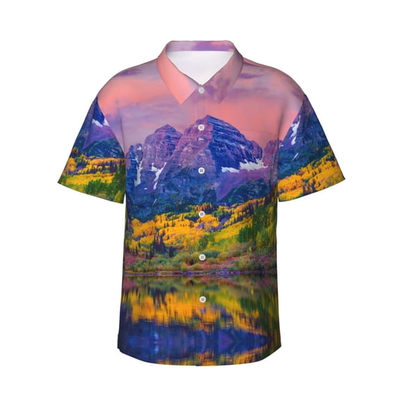 Landscape Scenery Men'S 3d Print Casual Button Down Shirts, Novelty Hawaiian Short Sleeves L