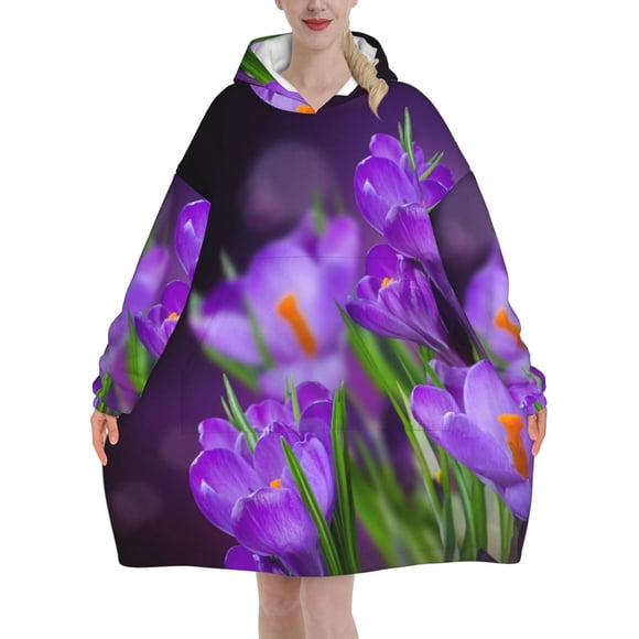 Green Leaves And Purple Flowers Printed Oversized Women's Wearable Blanket Hoodie, Flannel Pullover Blanket, Blanket Sweatshirt