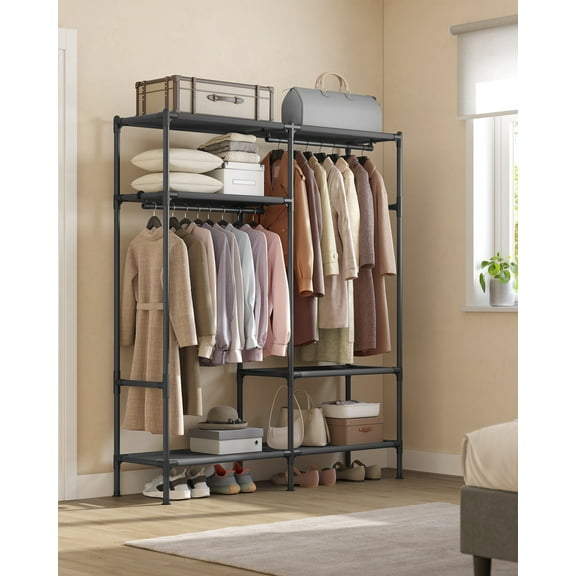 65 Inch Portable Wardrobe Clothes Rack with Hanging Rails and Shelves Load 242 lb for Cloakroom Bedroom Black