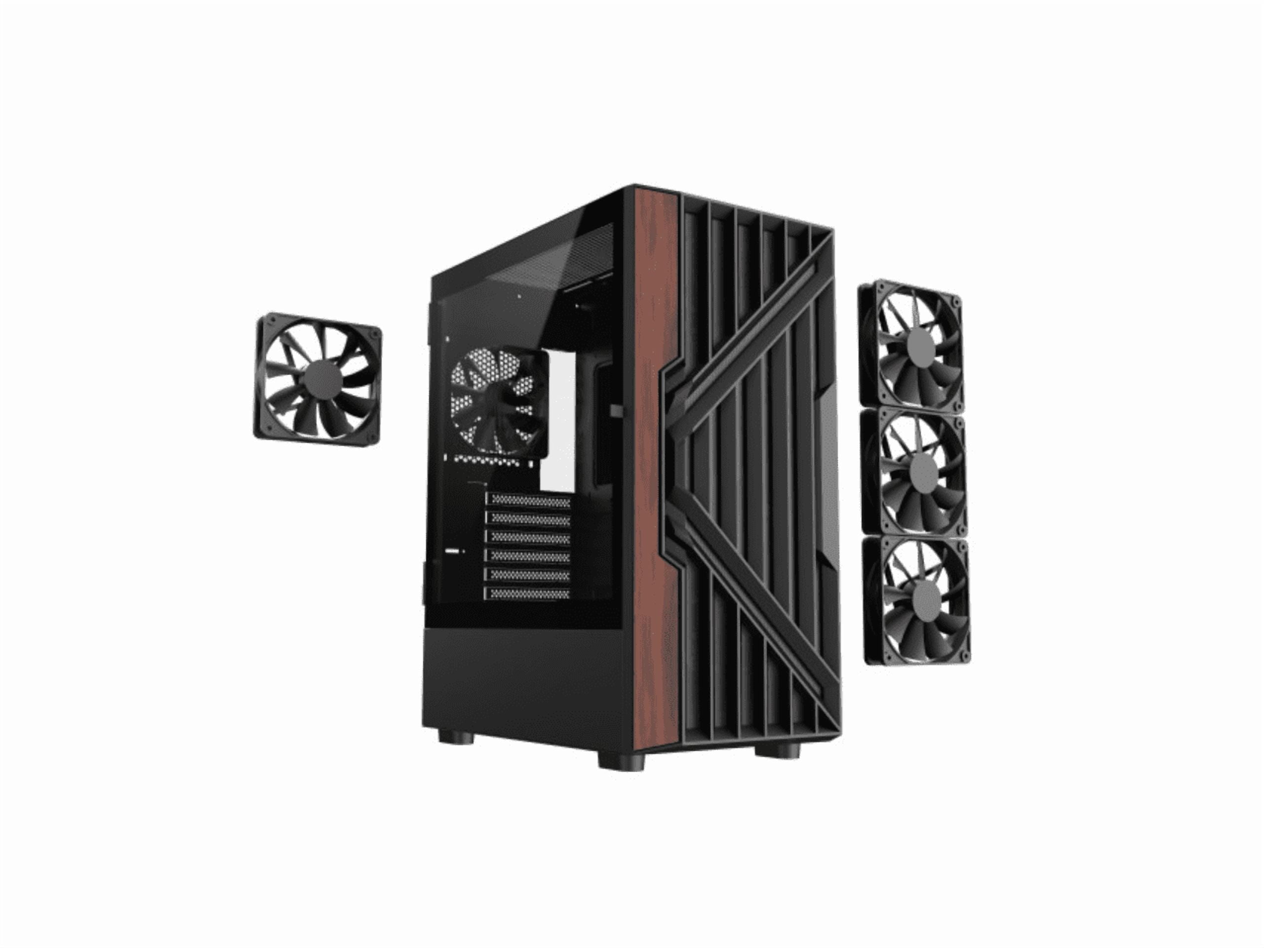 DIYPC DIY-G18-WD Black USB3.0 /Type C ATX Mid Tower Gaming Computer Case w/ Tempered Glass Side Panel and Walnut Wood Front Panel. 4 x 120mm PWM Fan Pre-Installed