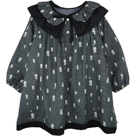 ContiKids Little Toddler Girls Long Sleeve Dress Rabbit Bunny Pattern Ruffle Detachable Collar Black Gray Dress 2-3 Years