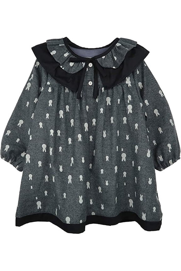 Little Toddler Girls Long Sleeve Dress Rabbit Bunny Pattern Ruffle Detachable Collar Black Gray Dress 2-3 Years