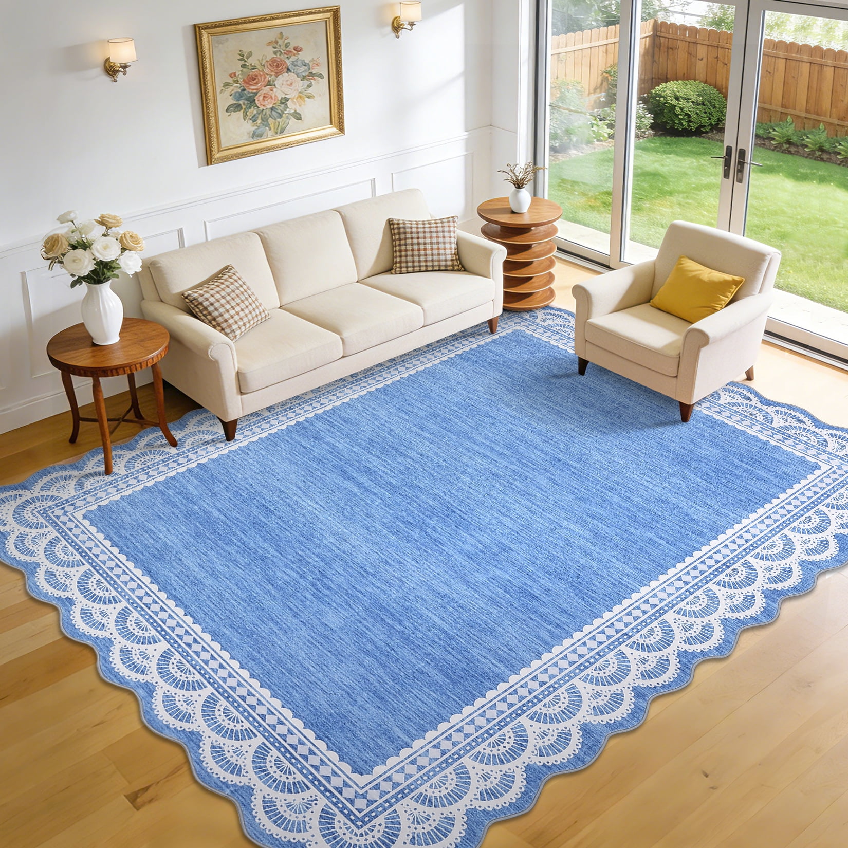 Garvee 8'x10' Scalloped Area Rug Modern Lace Edge Carpet, Washable Solid Rug Non-Slip Low Pile Indoor Mats for Living Room Bedroom Home Decor, Blue