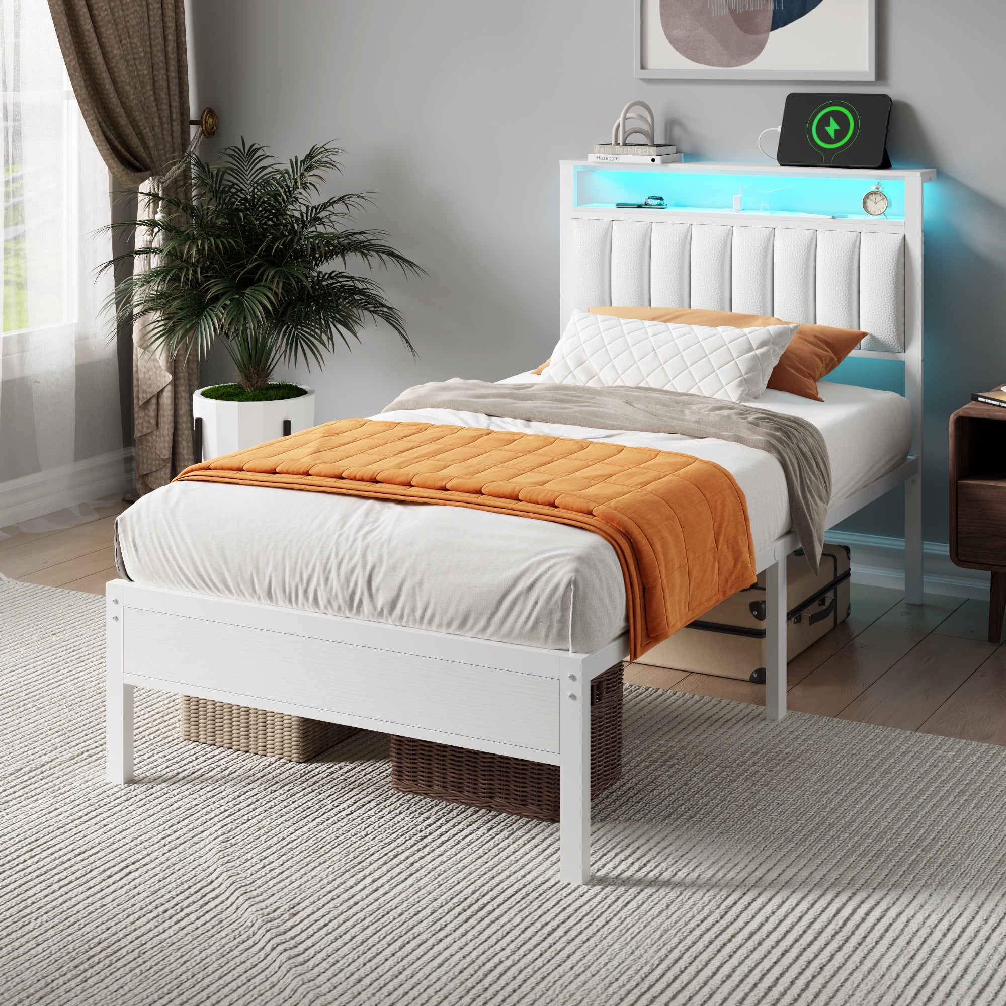 Satifur Twin Bed Frames with LED Lights & Charging Station, Platform Bed with Metal Slats, Headboard with 2-Tier Storage Shelves, No Box Spring Needed, White
