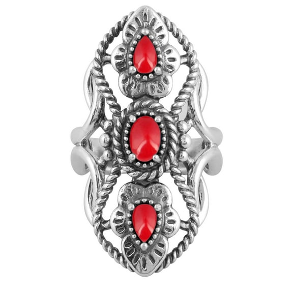 Sterling Silver Red Coral Elongated Ring Size 5-10