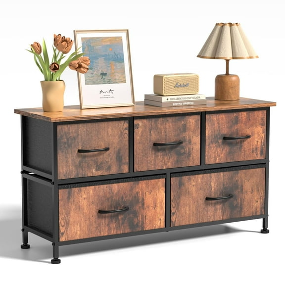 RONG-3 5 Drawers Dresser Storage Organizer  Metal Frame Waterproof Wood Top for Bedroom,living room，Brown，39.4 L x 11.8" W x 20.9" H