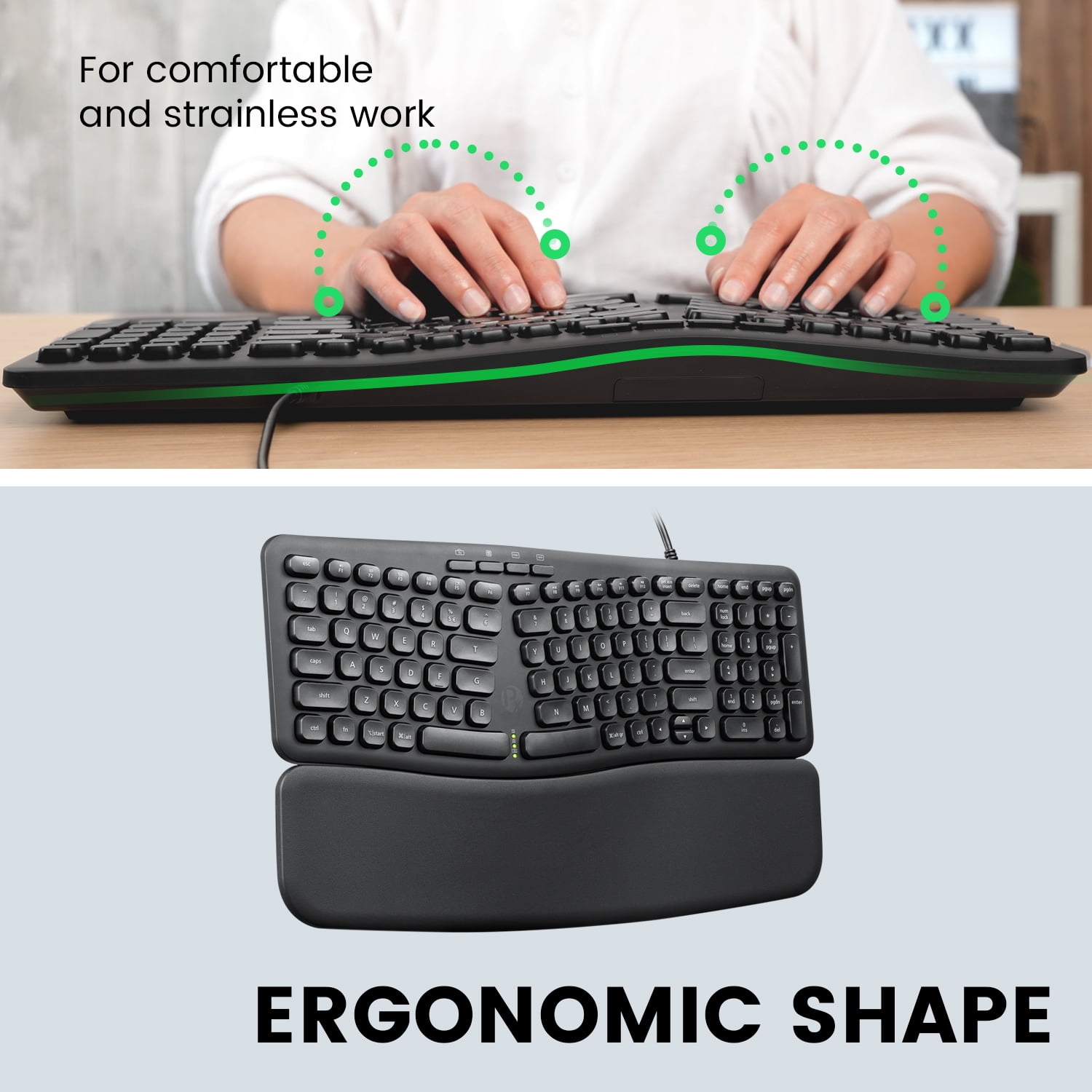 Perixx PERIBOARD-536B Ergonomic Compact Wired USB Keyboard, Built-in Number Pad, Detachable Wrist Rest, Silent Typing, 16.34x5.71x1.61 Inches, Black