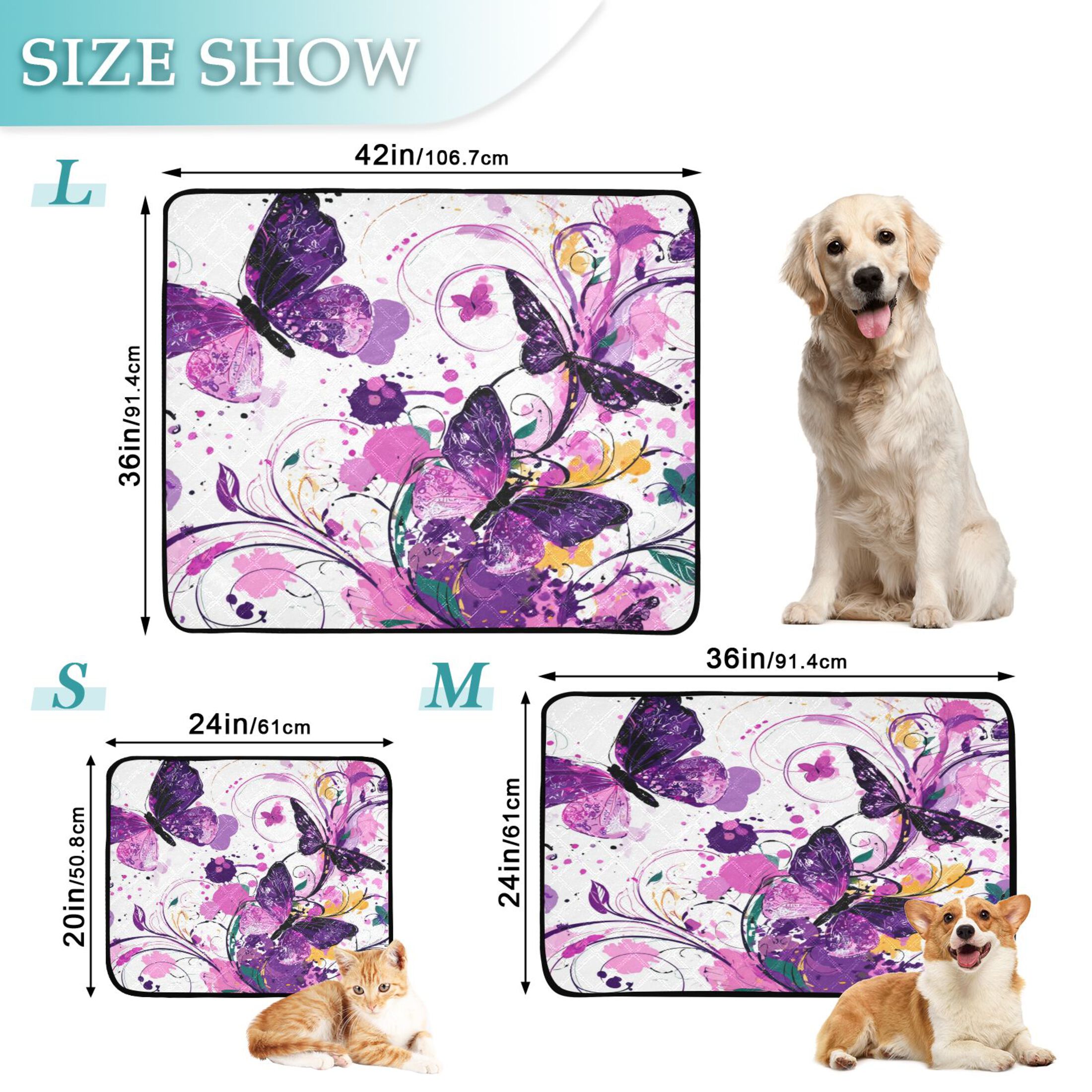 Washable Pet Pee Pads with Super Absorbent Reusable Training Pads for Dogs & Cats Purple Butterfly