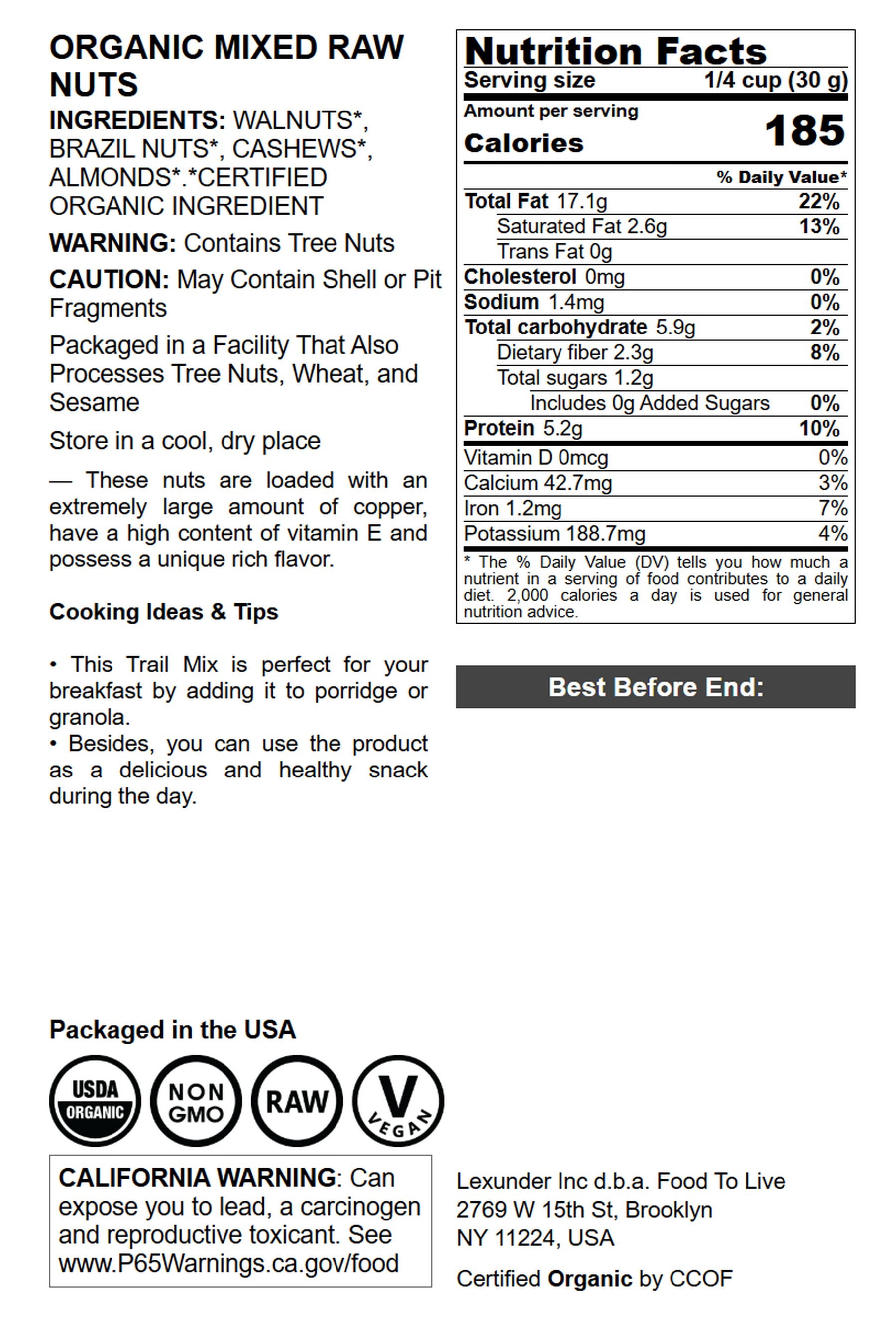 Organic Mixed Raw Nuts, 1 Pound - Non-GMO, Kosher, Raw, Vegan - by Food to Live