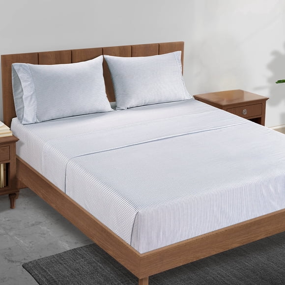Casa Platino Sábanas Individual 100% Algodón – Juego de Cama de Percal Premium para Todos los Días, Bolsillo de 15” de Profundidad, Lavable a Máquina, Pastilla Baja – Raya Azul Cobalto