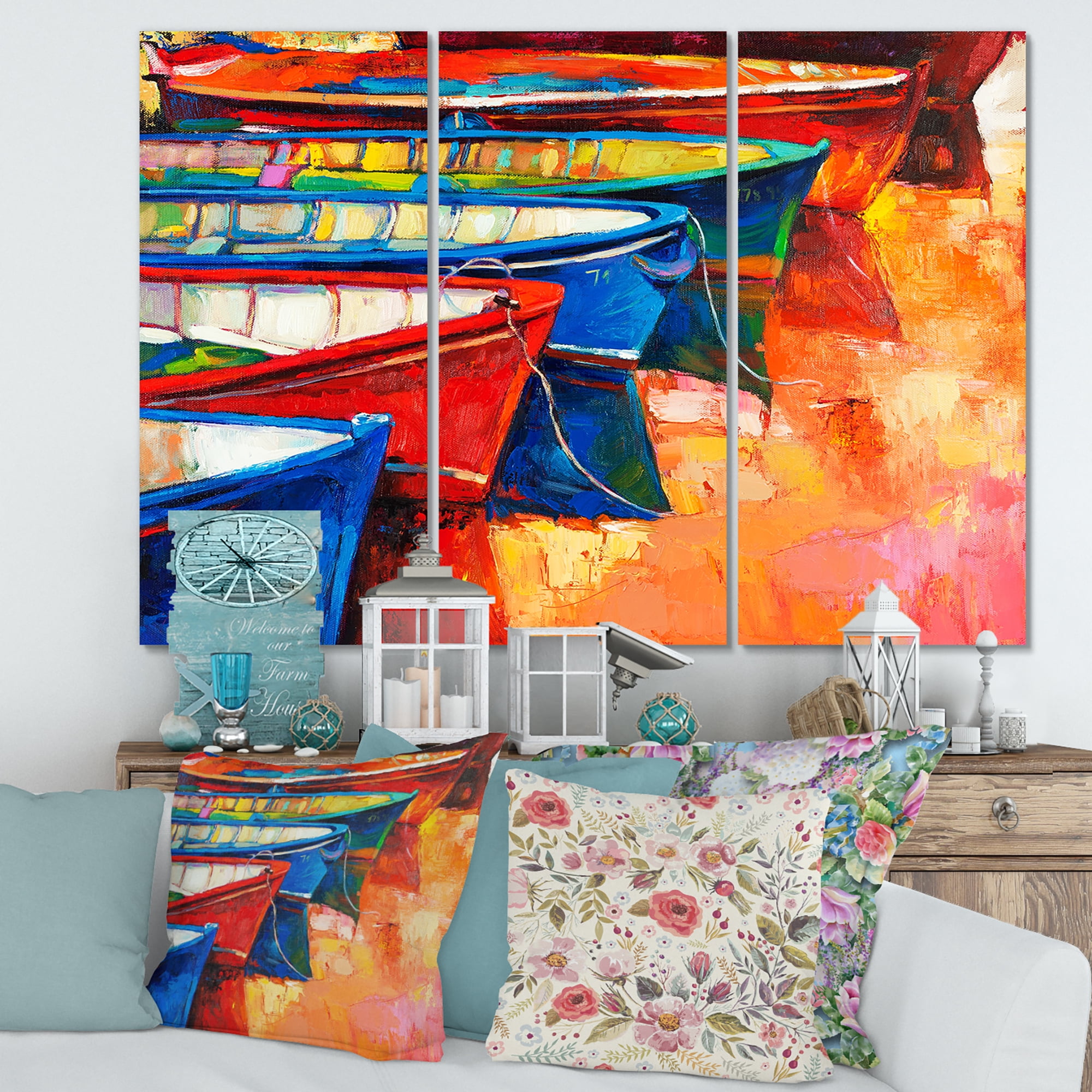 Designart ' Boats During Warm Colourd Sunset In The Harbor II ' Nautical & Coastal Canvas Wall Art Print