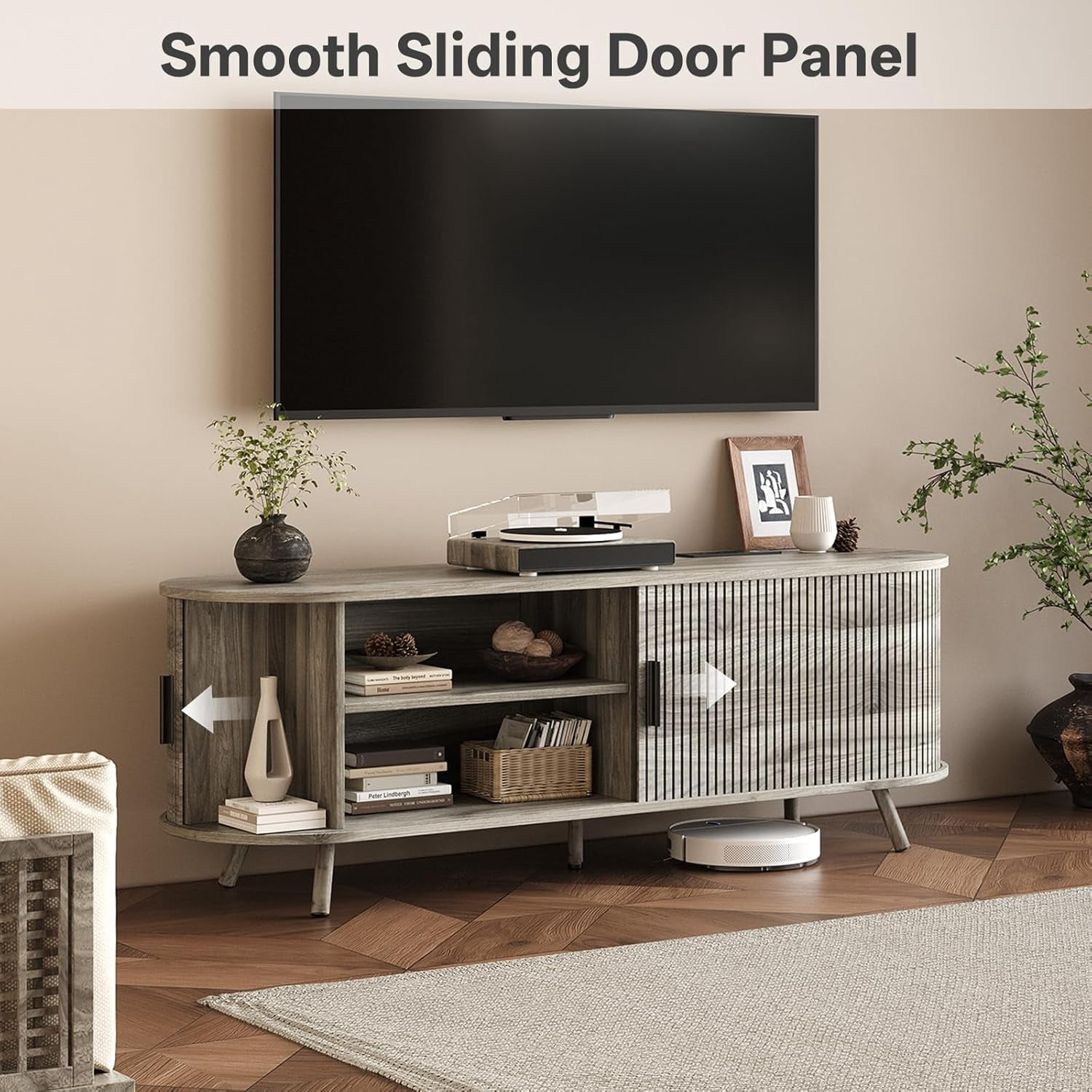 55" TV Stand with Power Outlet, Modern Media Console with Sliding Doors, Entertainment Center for TVs up to 60 Inch, Adjustable Shelves, Grey