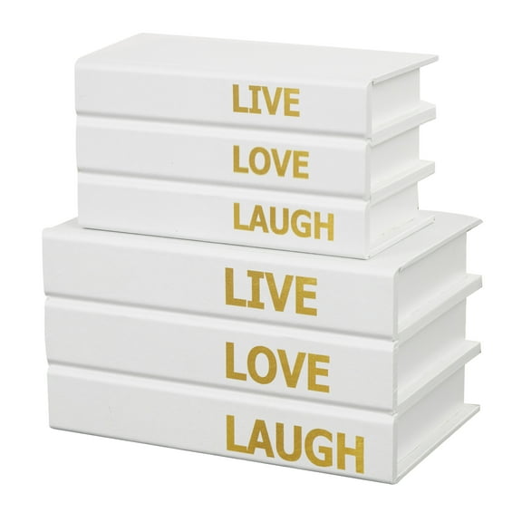 DecMode Faux Storage Book White Canvas Decorative Box with Gold Live, Laugh, Love Text, 2 Count