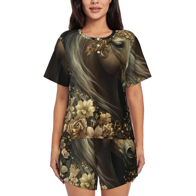 Balery Palatial Gold Pattern Horse Conjunto de Pijama para Mujer con Estampado, Dos Piezas de Manga Corta y Shorts, Ropa de Dormir Suave con Cuello Redondo y Bolsillos-Small