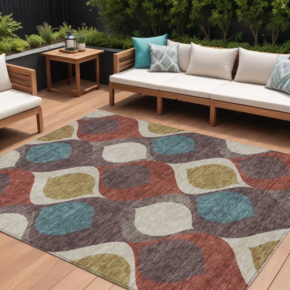 9' X 12' Brown Taupe And Teal Blue Ogee Washable Indoor Outdoor Area Rug