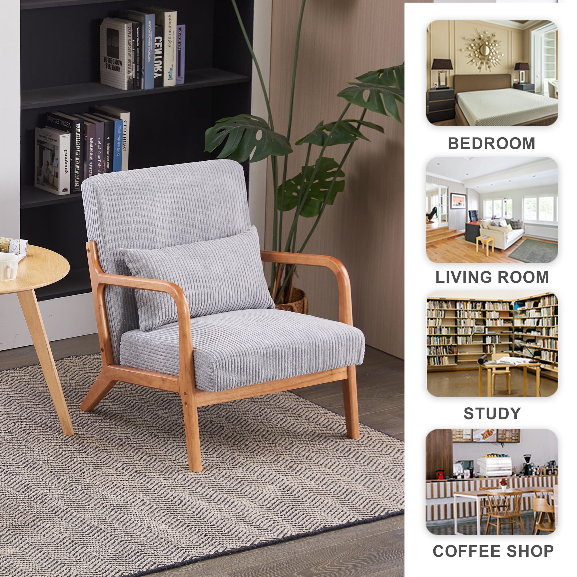 Leumius Modern Arm Chair Upholstered Reading Accent Chair with Pillow & Solid Wood Frame for Living Room Bedroom,Light Gray