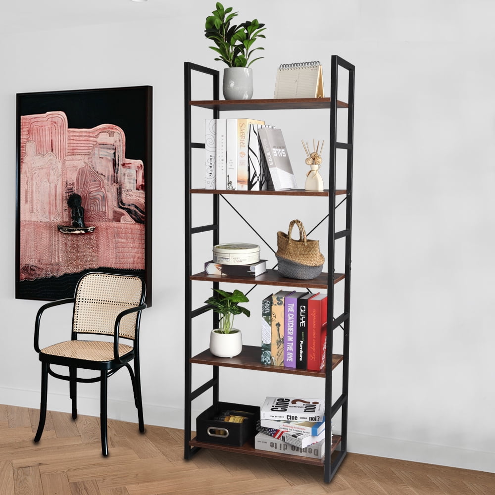 5 Tier Industrial Bookshelf, Wooden Storage Shelf, Industrial Metal Book Shelves for Living Room