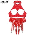 thumbnail image 2 of Conjunto de sujetador y ropa interior para mujer, sujetador con aros y remaches, top corto de charol con copa abierta, bragas sin entrepierna y ligas, 2 of 5