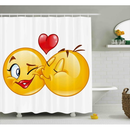 Emoji Shower Curtain, Romantic Flirty Loving Smiley Faces Couple Kissing Eachother Hearts Image Art Print, Fabric Bathroom Set with Hooks, Multicolor, by