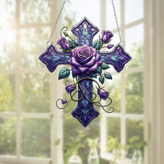 Purple Rose Cross Window Hanging Acrylic Flat 2D, Stained Glass Style Religious and Floral Design, Unique Home or Memorial Decoration, Perfect Gift for Faith and Art Lovers