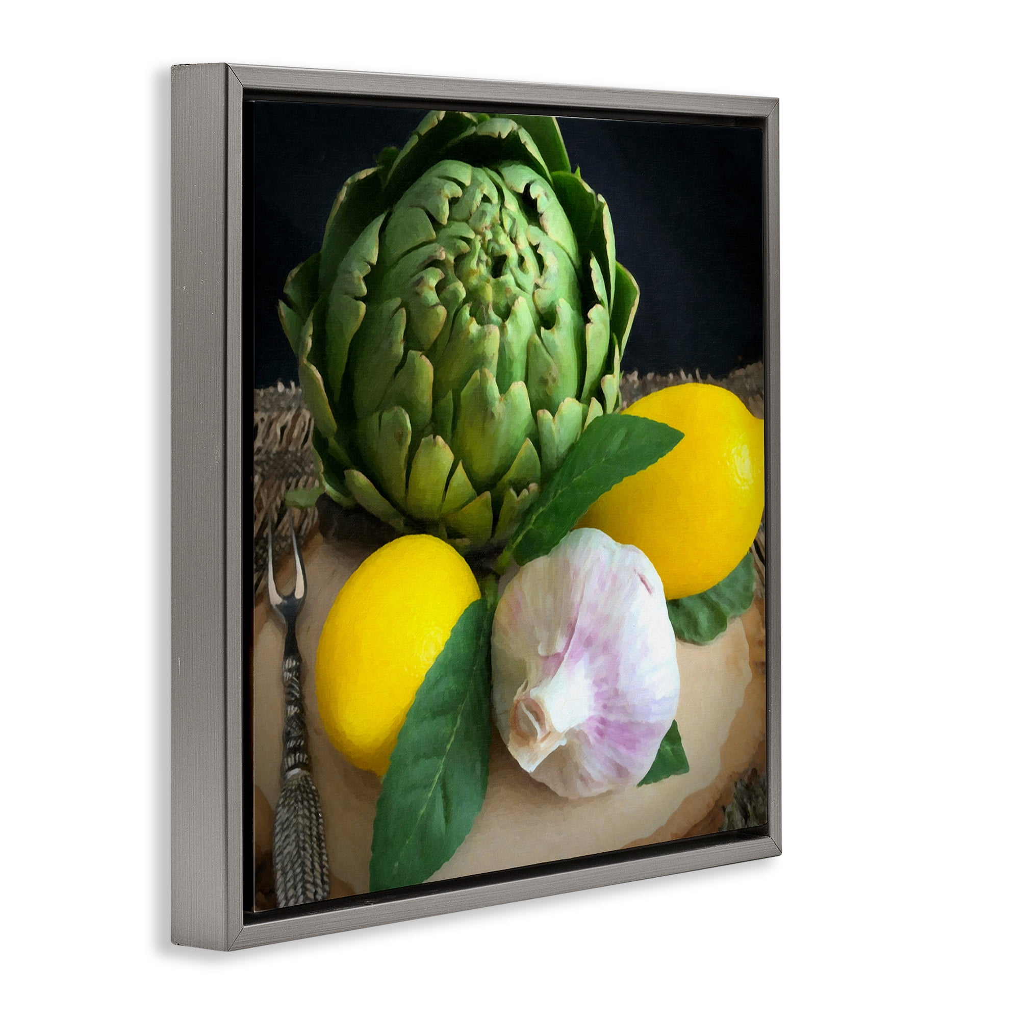 Stupell Industries Fruit & Vegetable Still Life Food & Beverage Painting Gray Floater Framed Canvas Art Print Wall Art, 18 x 18