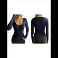 thumbnail image 3 of Camisetas de Larga con Cuello en V para Mujer, Camisetas Básicas de Entrenamiento, Top Deportivo de Yoga, Top Corto Informal. Azul Marino XL, 3 of 7