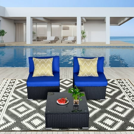 Superjoe 3 Pieces Outdoor Patio Sofa Furniture All Weather Sectional Loveseat Wicker Armless Sofa Bistro Conversation Set with Coffee Table Black Wicker Dark Blue Cushions