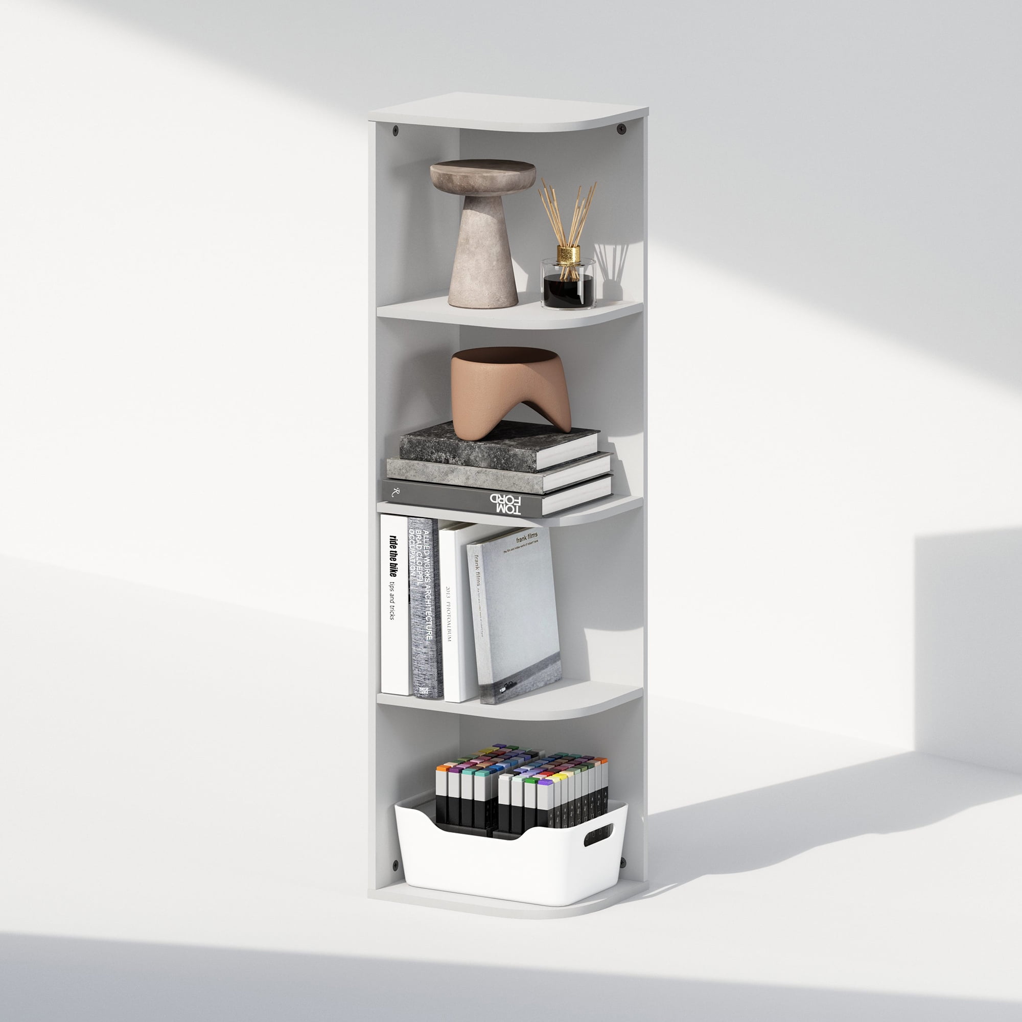Furinno Reed 4-Tier Space Saving Corner Storage Display Shelf, Bookshelf, White