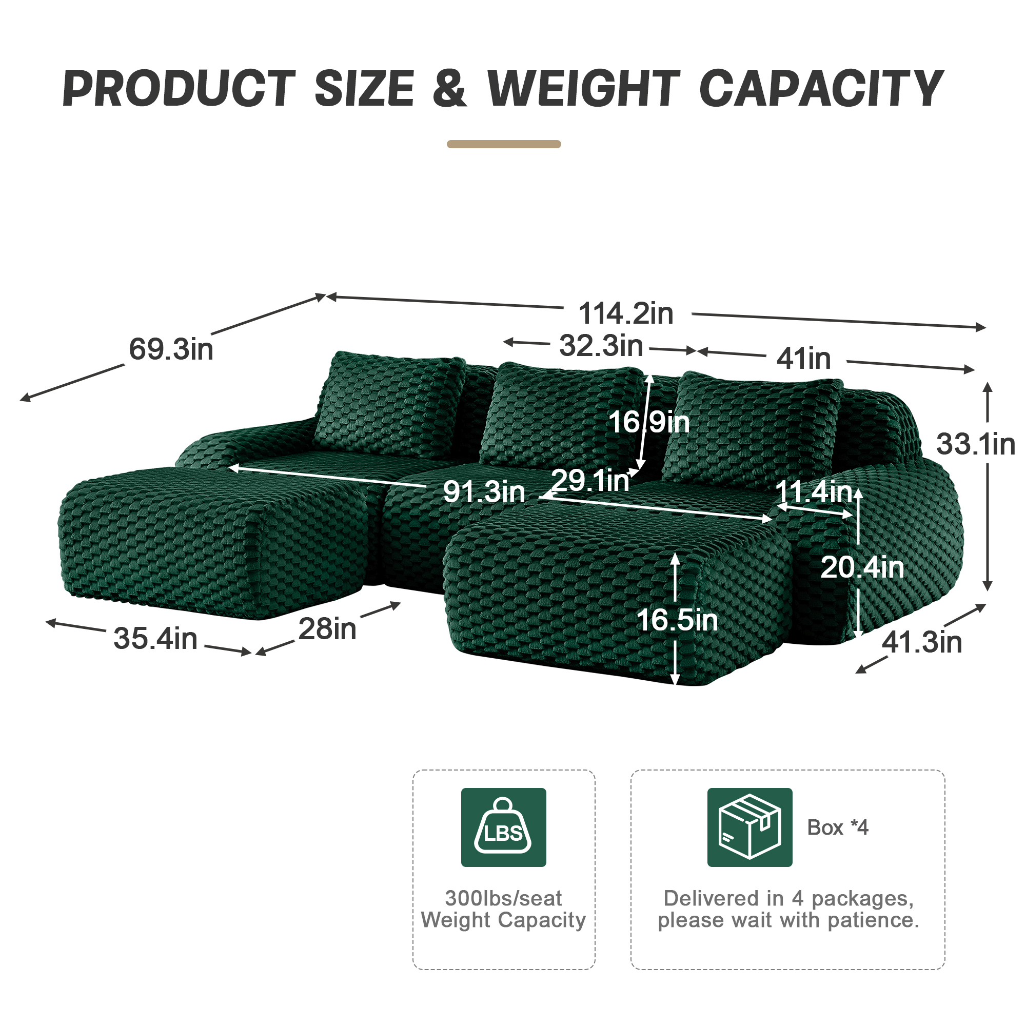 Alvantor 114" Cloud Modular Sectional Sofa with Movable Ottoman, U Shaped Deep Seat Flannelette Boneless Couch for Living Room Bedroom Green