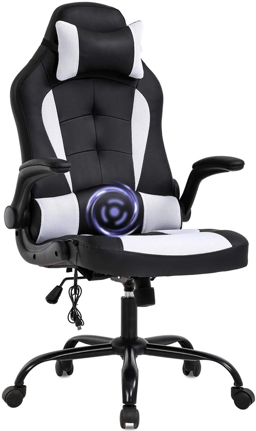 Blue Gaming Chair Massaging Office Chair Racing Computer Chair with Lumbar Support Footrest Armrest Headrest Ergonomic Desk Chair Task High Back PU Executive Rolling Swivel Chair for Adults Women
