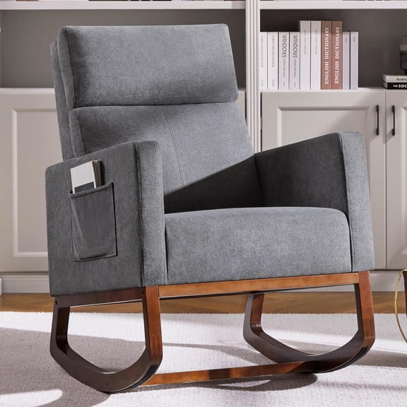 28in Wide Padded High Back Nursery Rocking Chair, Gray Polyester | Thick Foam Glider, Nursing Chair with High Back, Side Pockets, Rubberwood Base