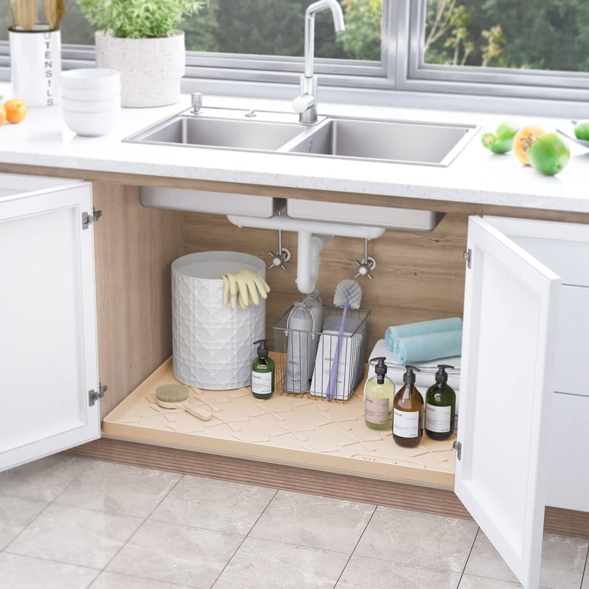 34" x 22" Under Sink Mat Waterproof, Silicone Kitchen Drawer Shelf and Cabinet Liner, Protector for Organizers Storage, Boot Tray Pet Food Mats