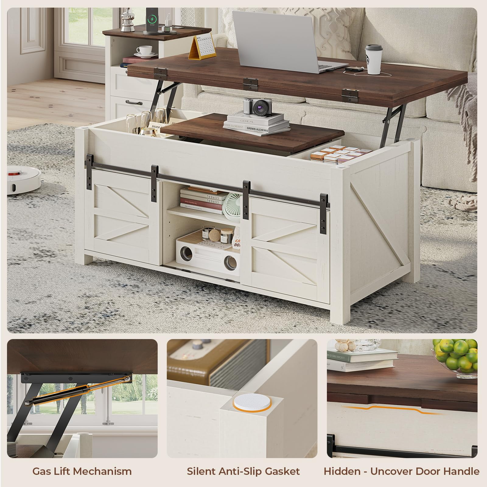 Lift Top Coffee Table with Hidden Storage Compartment, 4 in 1 Farmhouse Coffee Table with 4 Sliding Barn Doors, White