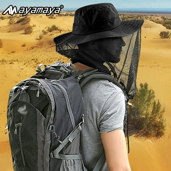 AYAMAYA Fishing Hat with Neck Face Cover, Sun Hat with Mesh , Anti Mosquito Gnats Net Hat for Hiking, Backpacking,Camping(Black)