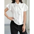 thumbnail image 3 of Women'S Tie Neck Blouse Ruffle Cap Sleeve Elegant Work Office Shirt Tops White XL, 3 of 6