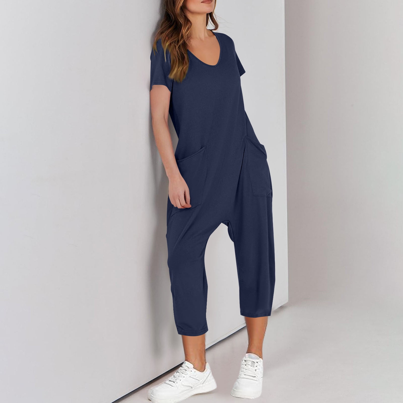 AGWOLF Adult Onesie Pajamas for Women Stretch V Neck Short Sleeve Jumpsuits Loose Fit Solid Ankle Length Pants Summer Rompers with Pockets Soft Sleepwear Homewear One Piece Navy XL
