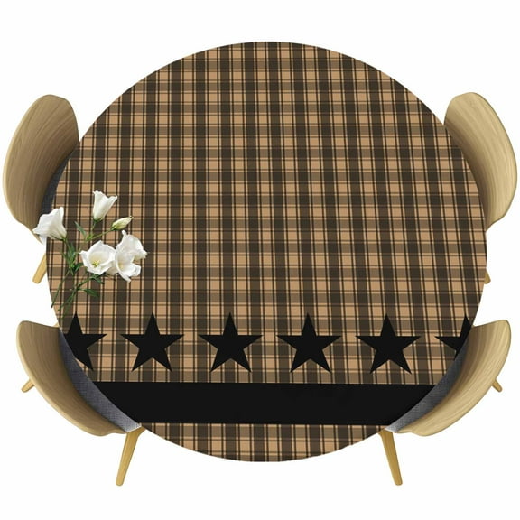 Brown Black Plaid Round Tablecloth 55-60 Inch Round Fitted Table Cloth with Elastic Edge, Vintage Rustic Star Buffalo Check Waterproof Table Cover Protector for Outdoor Picnic Party Dining
