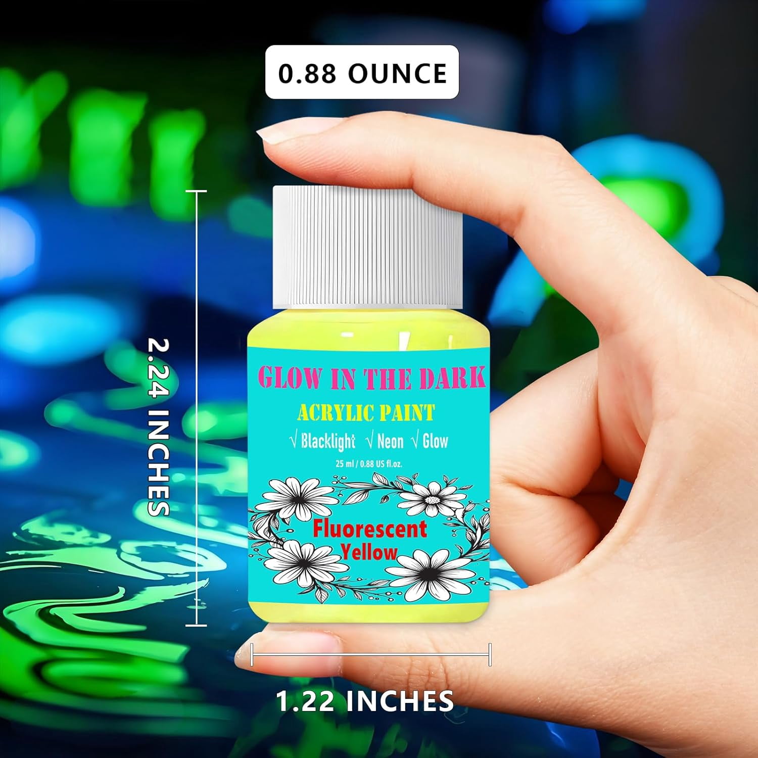 GOODTAKE Acrylic Glow Paint, 12 bright colors Liquid Fluorescent Paint, Neon Glow in the Dark Paint, Halloween decorations, DIY crafts, Black Glow paint 25ml with brush