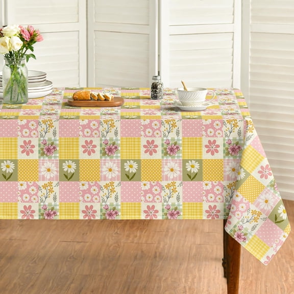 Spring Tablecloth 60×84 Inch Rectangular, Orange Buffalo Plaid Patch-Style Pattern Polka Dot Dasiy Washable Seasonal Table Cover for Party Picnic Dinner Decor