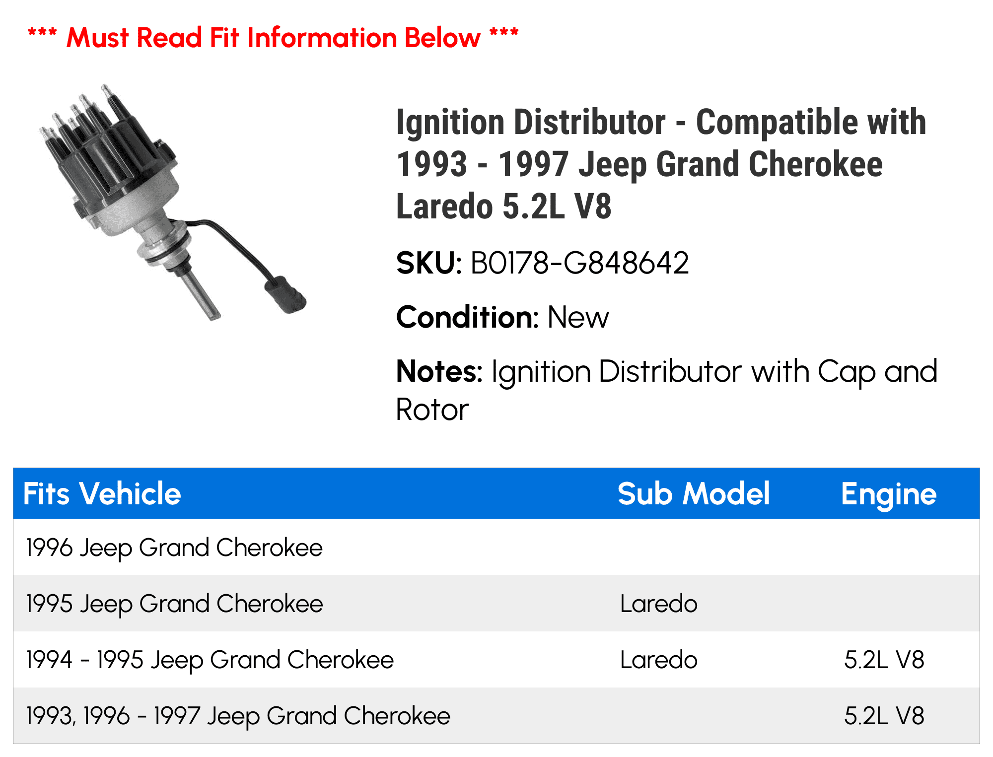 Ignition Distributor - Compatible with 1993 - 1997 Jeep Grand Cherokee Laredo 5.2L V8 1994 1995 1996
