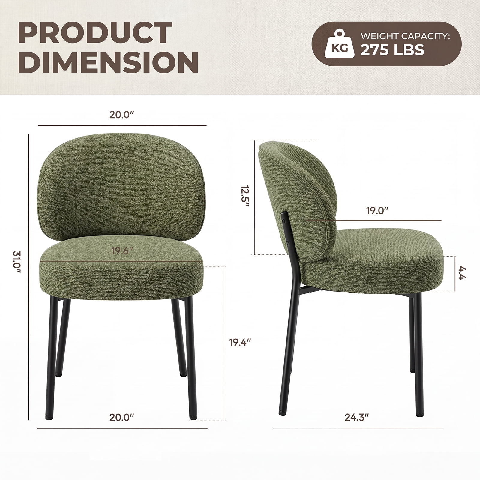 Set of 6 Upholstered Modern Dining Chairs, Mid Century Kitchen Chairs with Curved Backrest and Metal Legs for Dining Room, Living Room, Green