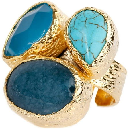 ELYA Gold-Plated Dyed Blue Chalcedony, Blue Quartz and Compressed Turquoise Cluster Ring