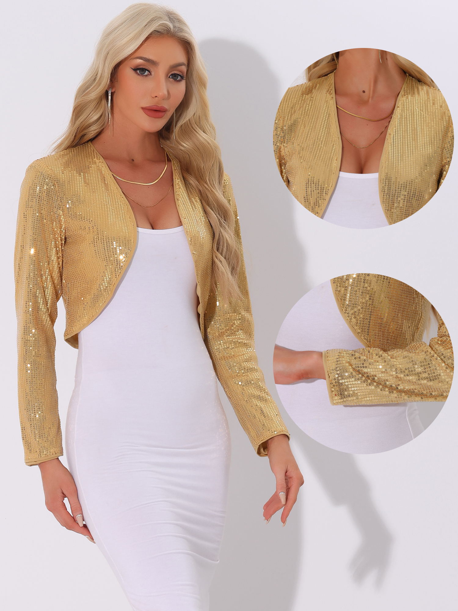 DARING DIVA Sequin Jacket Open Front Cropped Sparkly Bolero Shrugs XL Gold