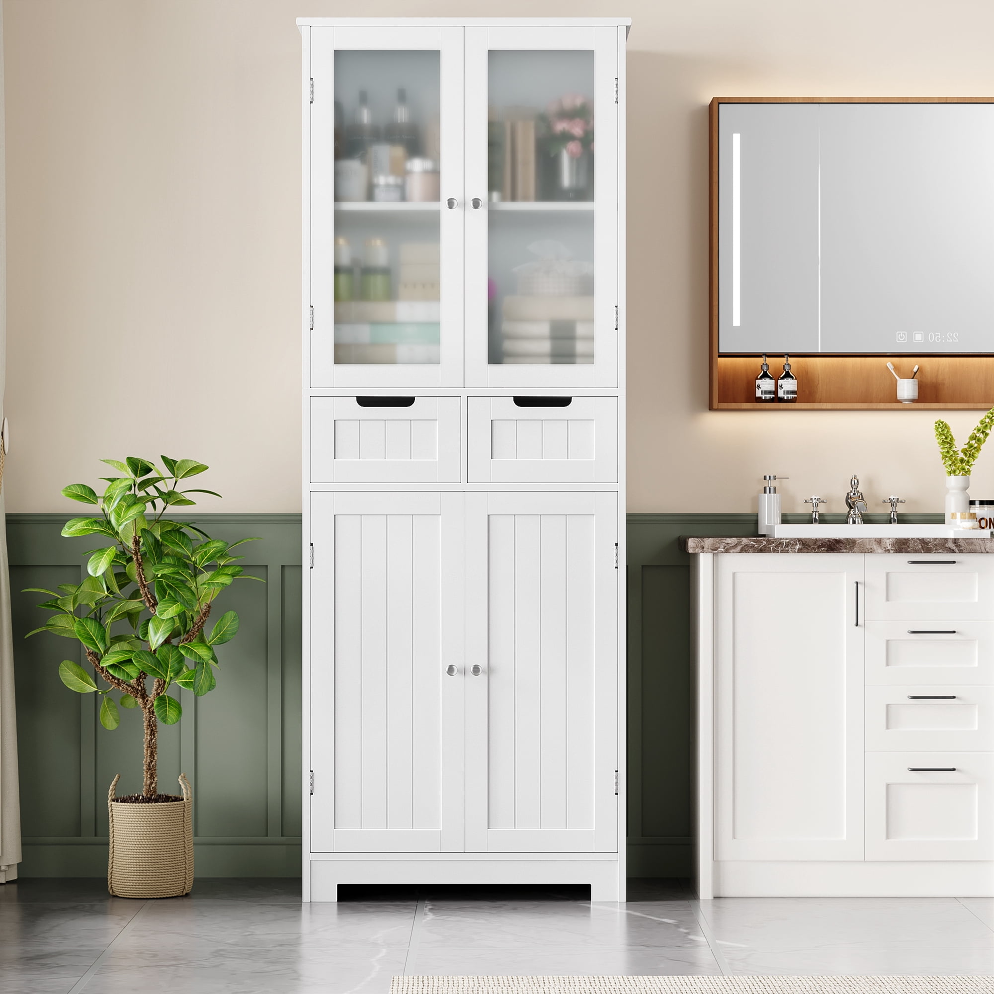 Homfa 4 Doors Bathroom Cabinet, 3-Tier Wood Tall Linen Storage Cabinet with 2 Drawers for Living Room Office, White