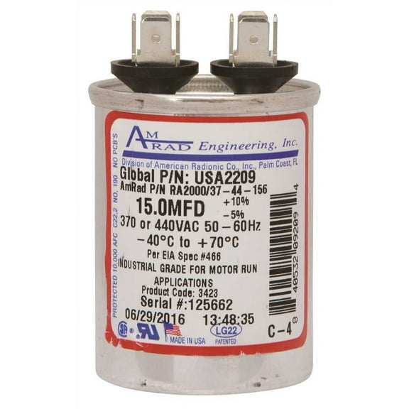 AmRad USA2209 370/440 VAC 15 MFD Motor Run Capacitor, Silver, 3.00 x 1.34 x 1.34 in, 1.00 lb