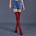 thumbnail image 4 of Qarigey Paquete de 2 calcetines a rayas de talla grande hasta el muslo, elasticidad, transpirabilidad, cómodos, cálidos, apariencia de moda, medias Medias negro rojo Qarigey AP008874-26, 4 of 6