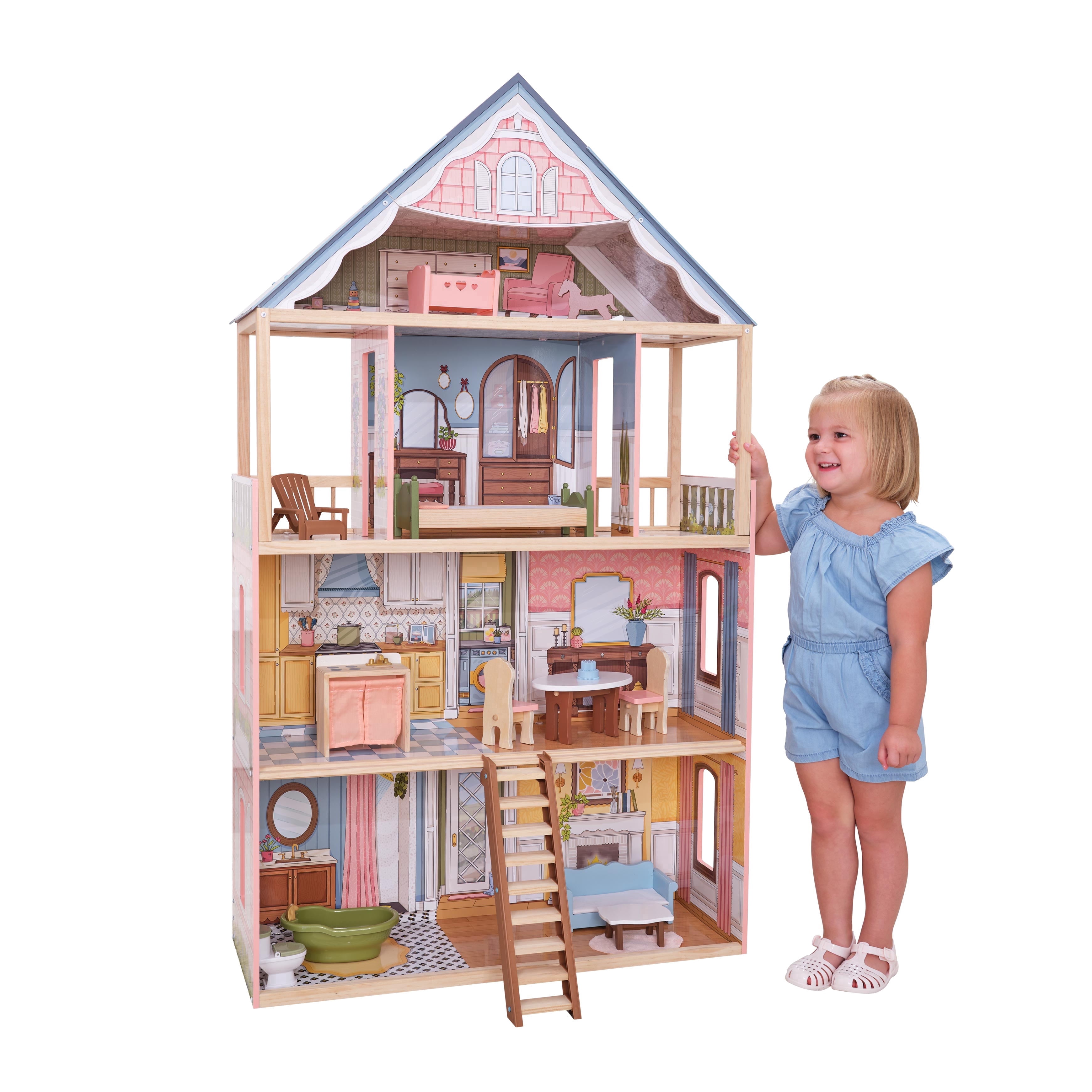 KidKraft Sweet Savannah Wooden Three Story Dollhouse, Pink, 44.09
